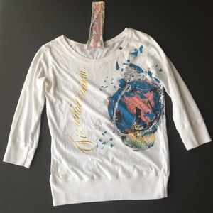 L.A.M.B. SMALL White Graphic Scoop-Neck Top with Blue and Pink Accents